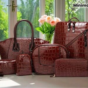 6 PCS Brown Crocodile Pattern Women Bag Set